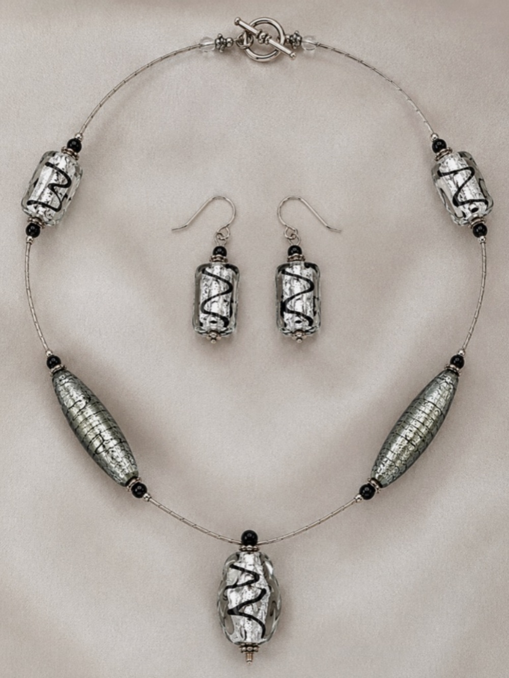 Murano Silver Foil Art Glass Necklace & Earrings Handmade Lampwork Beads Vintage